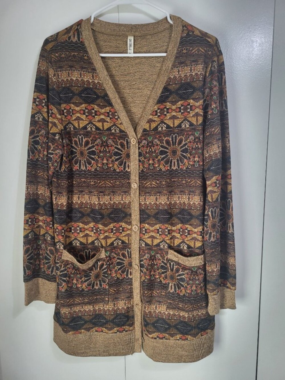 Grecerelle XL Brown Boho Tapestry Print Longline Button Front Cardigan Sweater